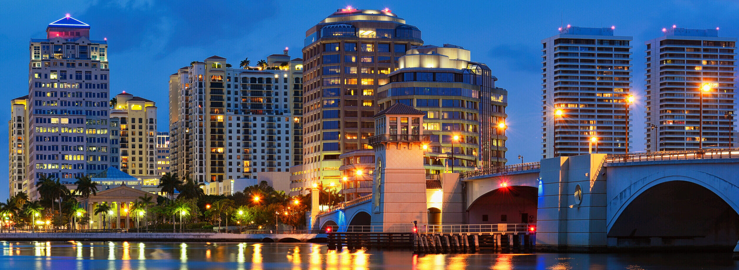 City waterfront skyline at dusk