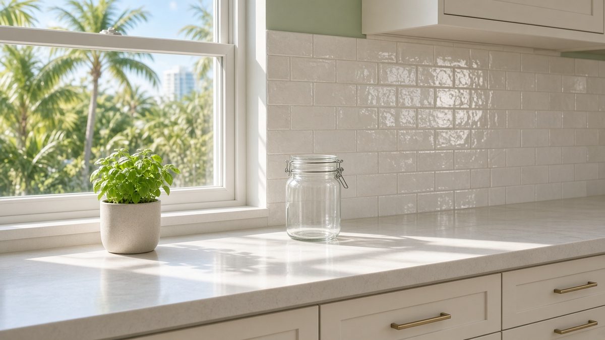 Sunny South Florida kitchen counter with a sealed glass jar and fresh basil, palm trees outside the window