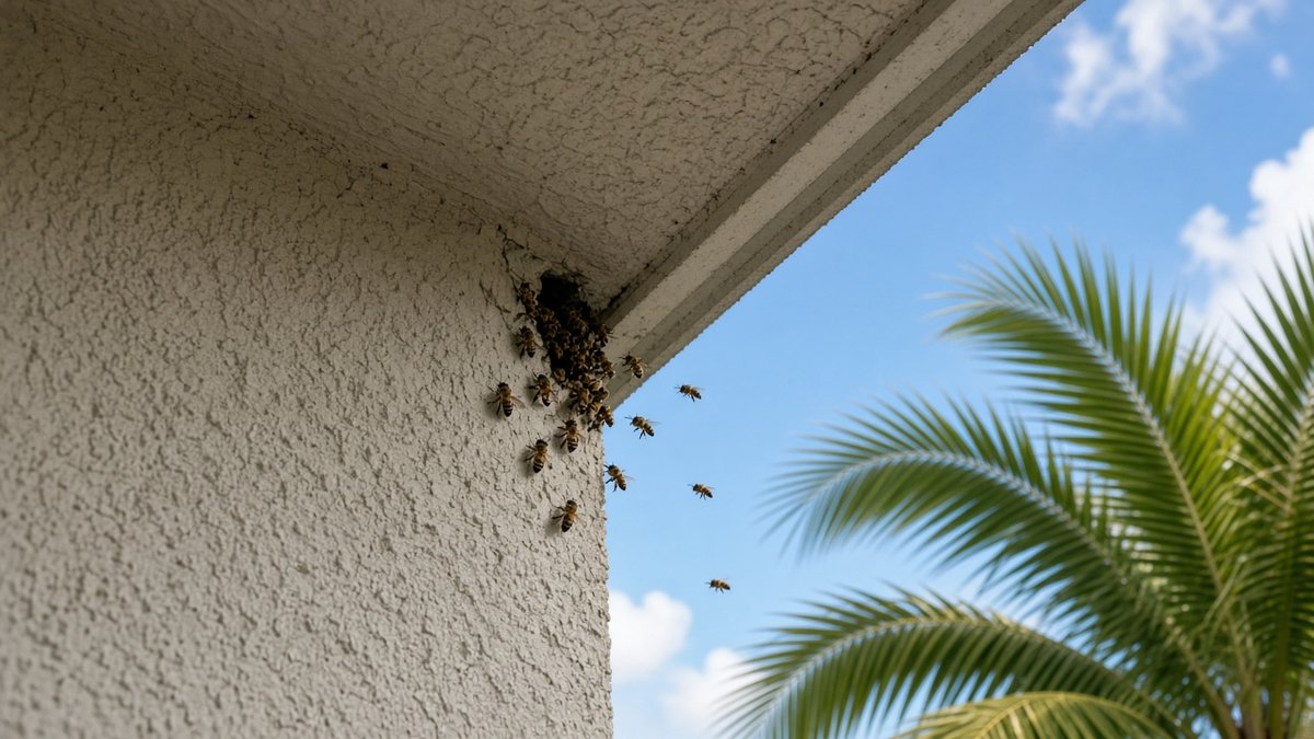Honey bees flying in and out of a gap in a stucco soffit under a roof eave of a South Florida home with a palm frond nearby