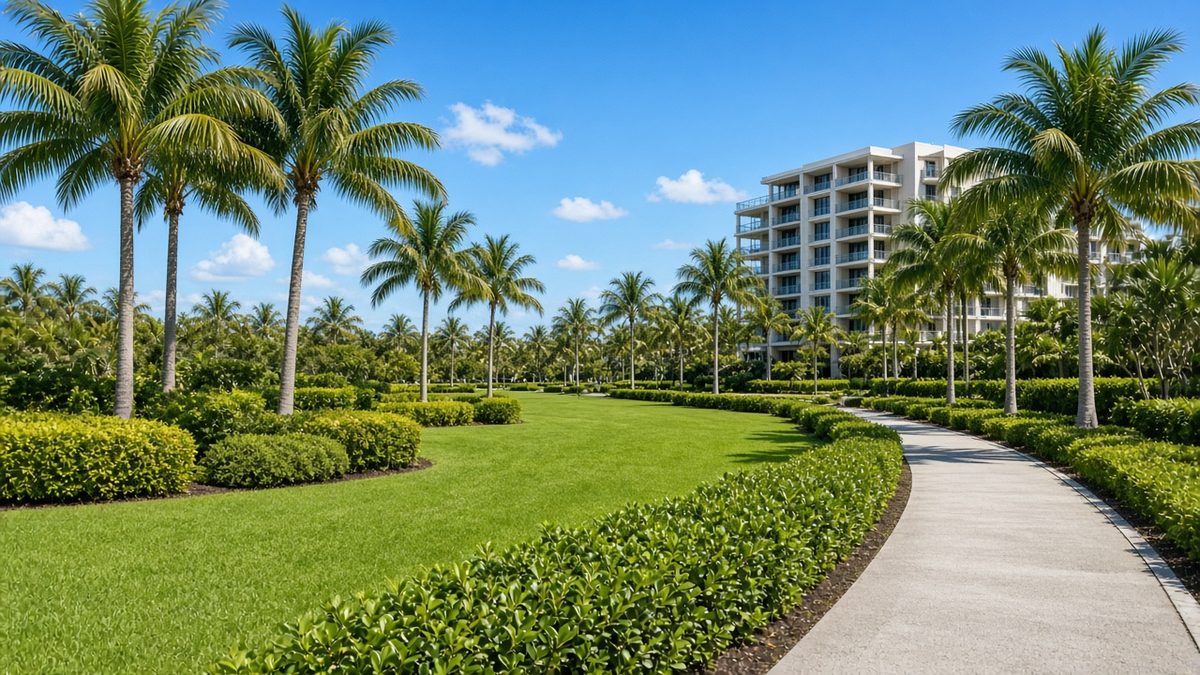 Landscaped HOA or condominium common grounds with turf, hedges, palms and a walking path