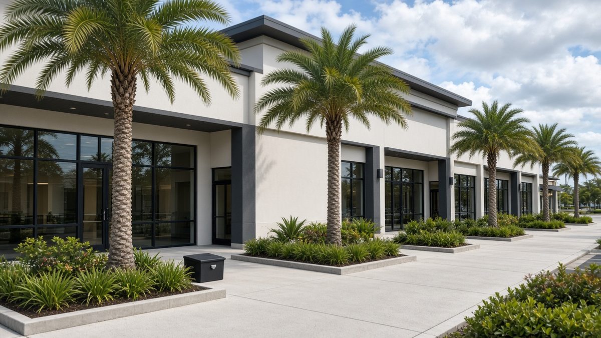 Retail plaza exterior in South Florida with landscaped planters and a tamper-resistant bait station along the wall