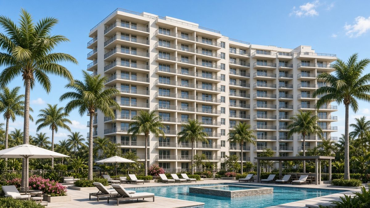 Mid-rise South Florida condominium building with balconies and a pool deck, managed by a condo association