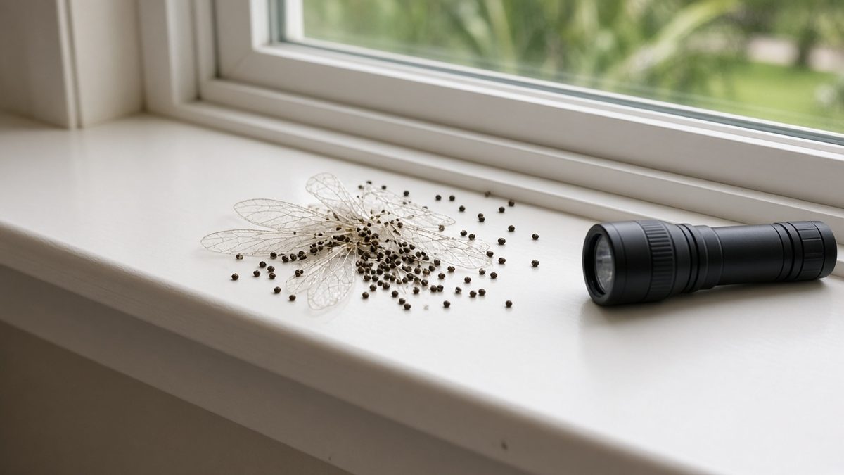 Discarded termite wings and small drywood termite pellets on a white window sill next to a flashlight