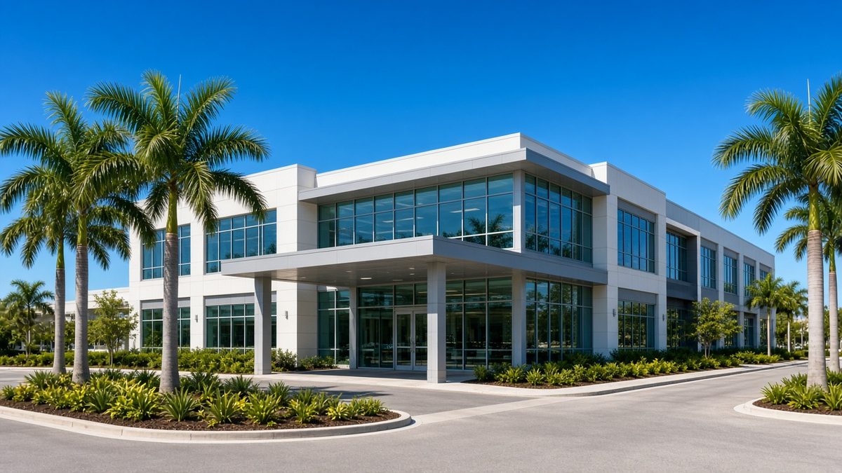Modern low-rise medical office building in South Florida with palm trees and landscaped entrance