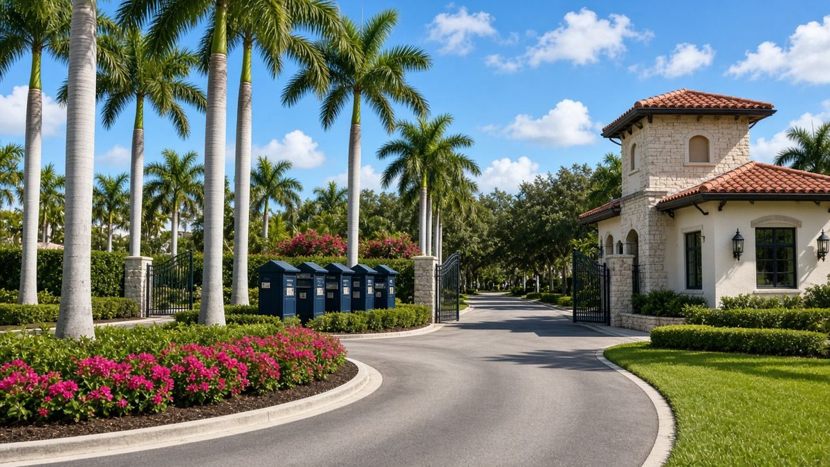 Gated South Florida HOA community entrance with a gatehouse, mailbox kiosk and palm-lined common area