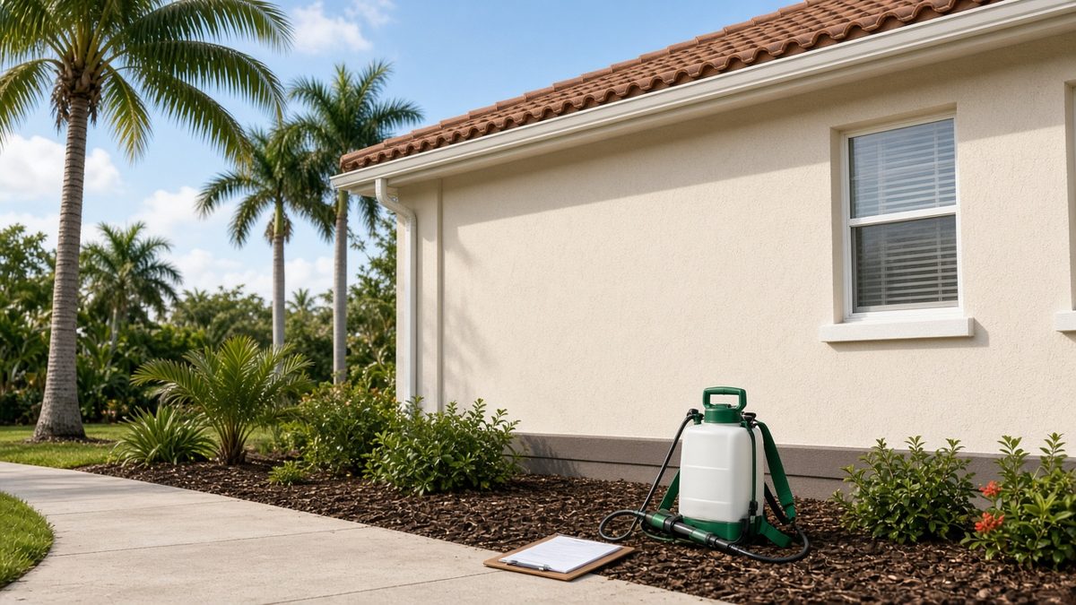 Stucco home exterior in Palm Beach County with a mulched foundation bed, a pest control sprayer and service clipboard on the walkway
