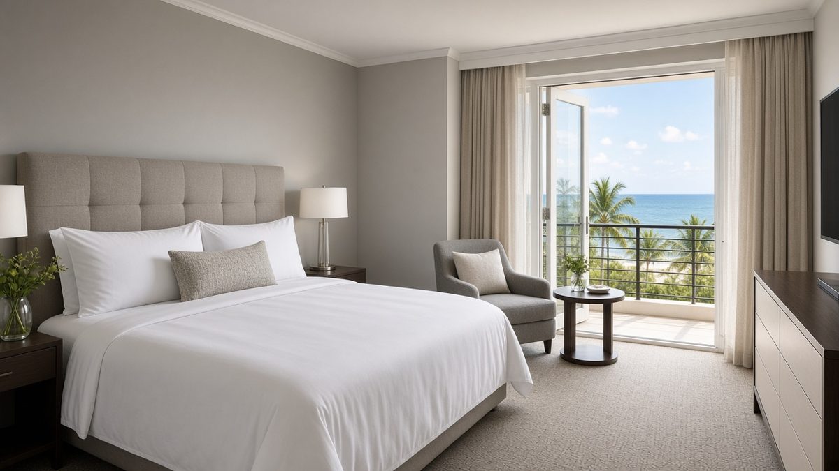 Neatly made hotel guest room with an open balcony door overlooking palm trees and the ocean