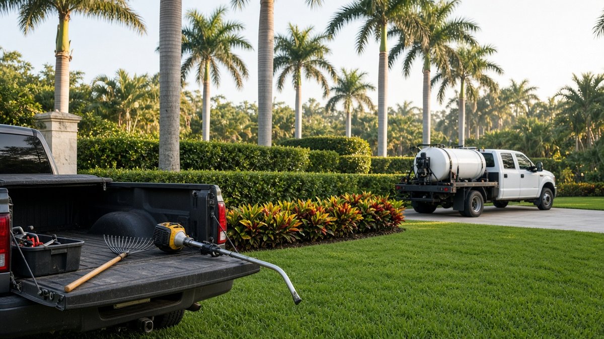 Landscaping pickup truck with tools on the tailgate parked near a service truck with a spray tank beside manicured turf, hedges and royal palms