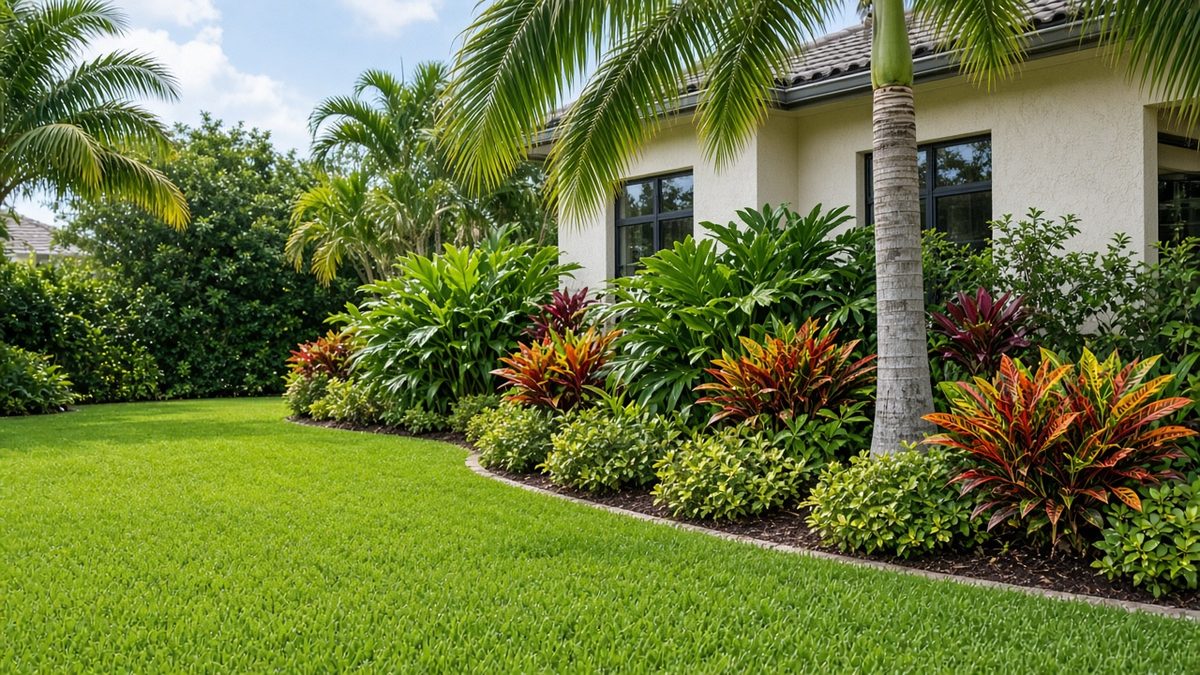 Healthy St. Augustine lawn and colorful croton shrubs in front of a South Florida home with a palm tree