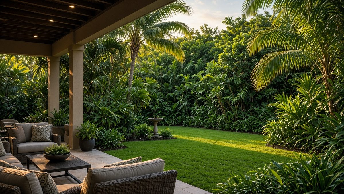 Shaded tropical backyard and patio in Palm Beach County with dense plants where mosquitoes rest
