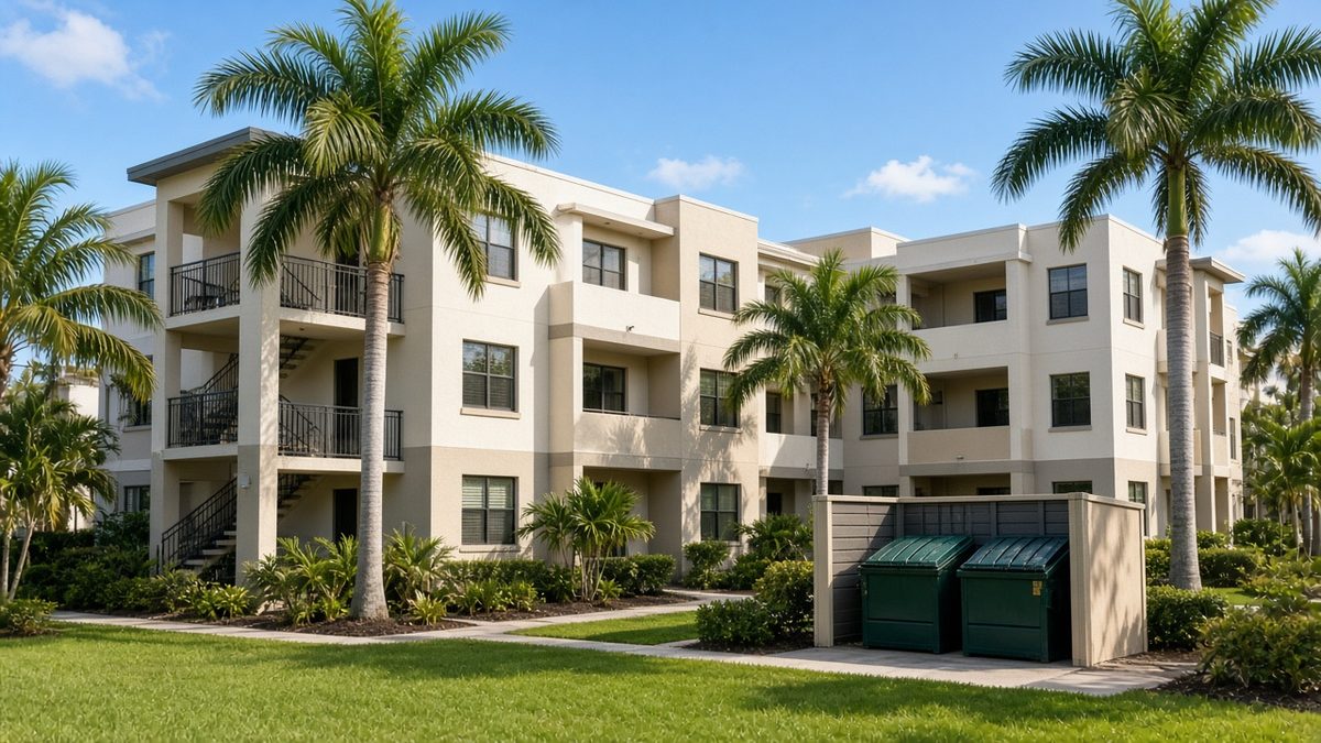 Three-story garden-style apartment complex in South Florida with palm trees and a clean trash enclosure