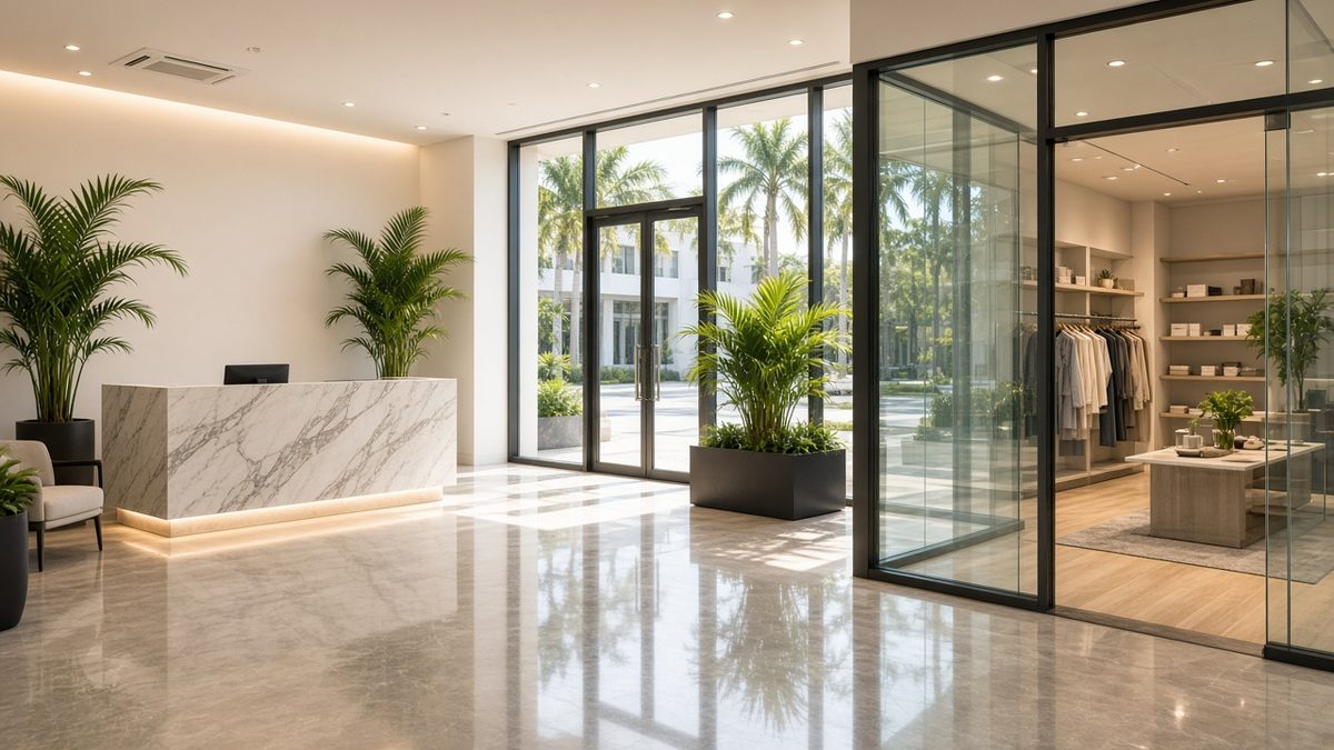 Bright office lobby with a reception desk and potted palms next to a glass-front retail space in South Florida