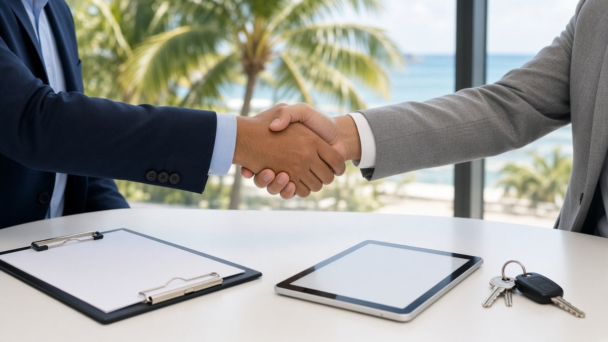 Two business professionals shaking hands over a desk with a clipboard, tablet and keys in a bright South Florida office
