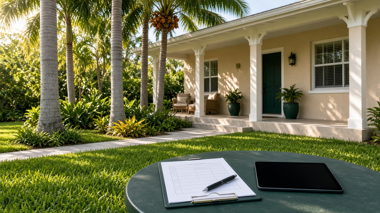 Sunny South Florida home with royal palms and a St. Augustine lawn, with a service checklist clipboard and tablet on a patio table in the foreground