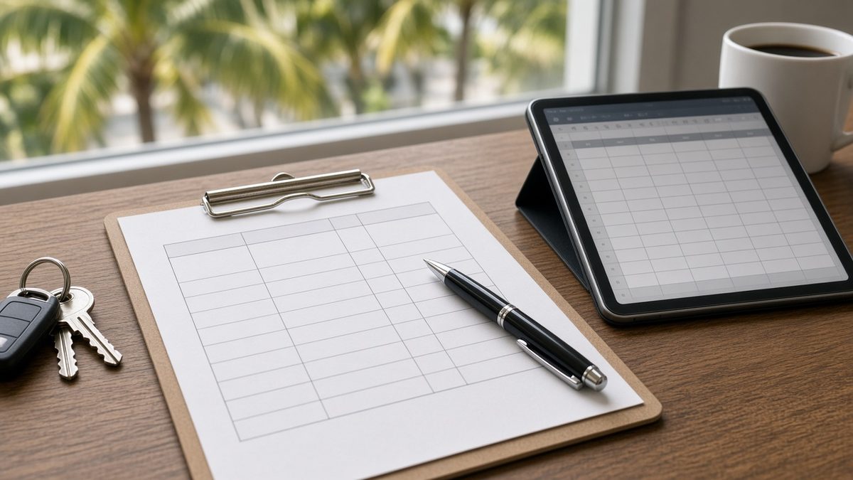Clipboard with a blank service checklist, a pen, keys and a tablet on a property manager's desk