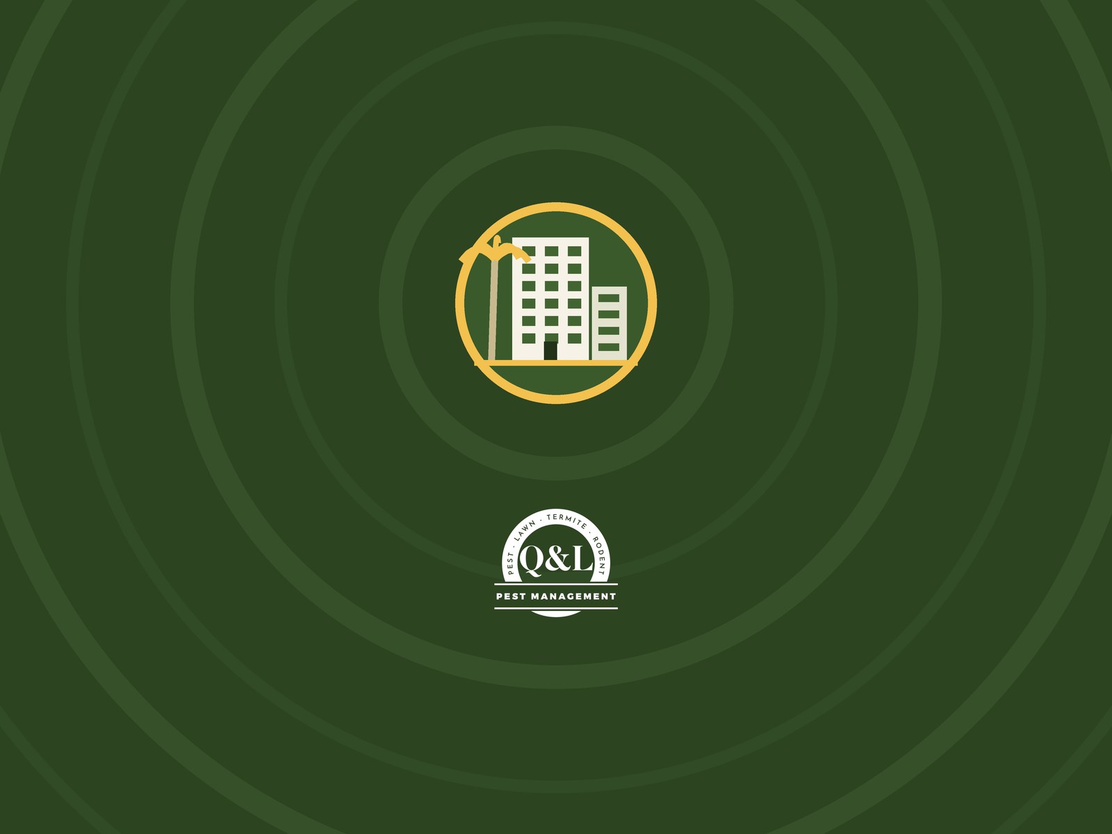 Q and L Pest Management illustration: condo building with a palm tree, commercial pest control for HOAs and condo associations