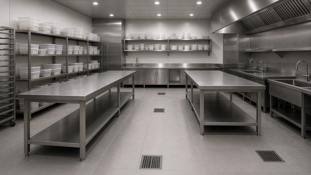 Clean stainless steel commercial restaurant kitchen with prep tables and shelving