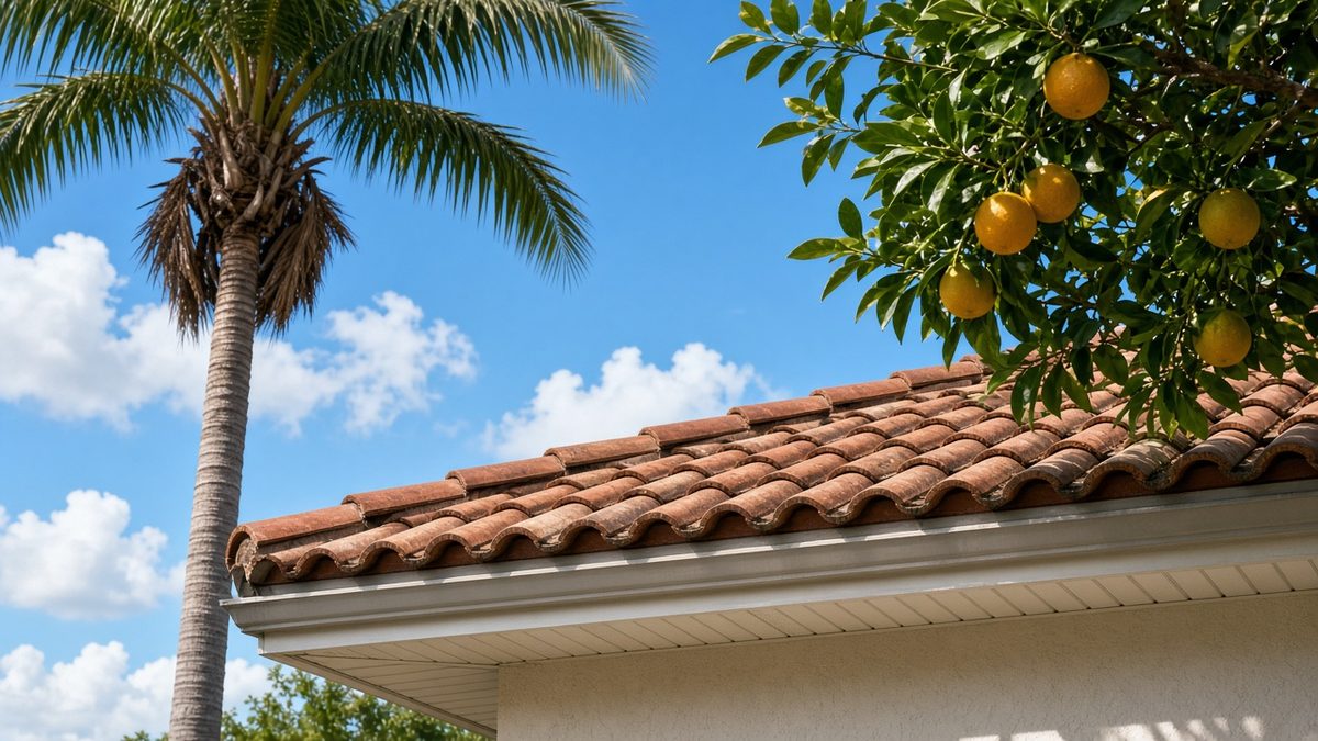 Barrel tile roofline of a Palm Beach County home with a palm tree and citrus tree nearby, common roof rat entry areas