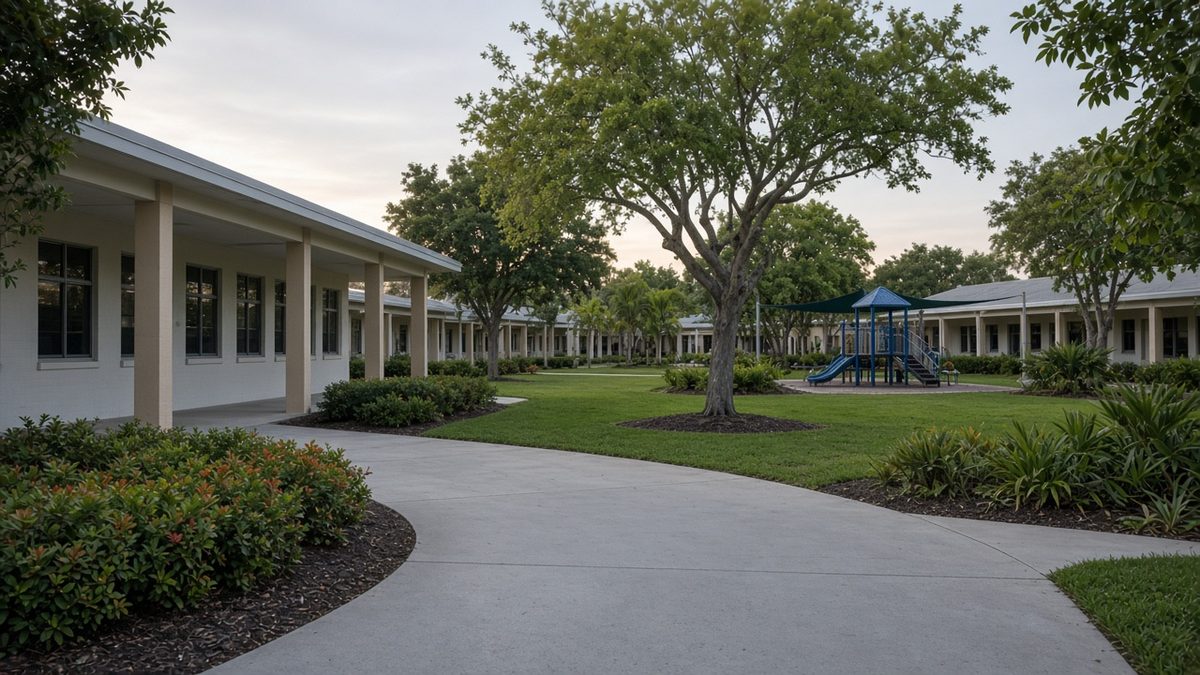 Quiet South Florida school courtyard with covered walkways, shade trees and a playground after hours