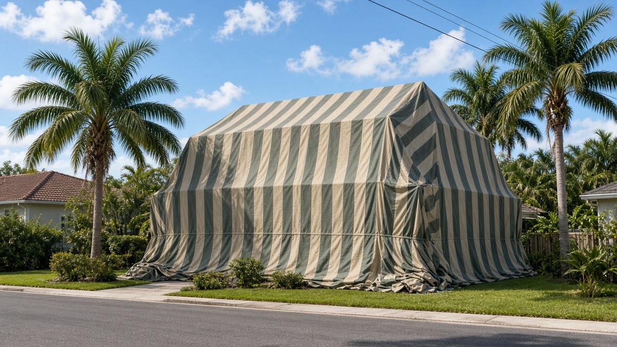 Building covered by a striped fumigation tent with palm trees on a sunny day
