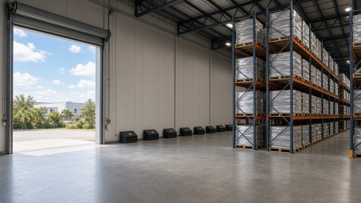 Clean distribution warehouse with pallet racking, an open loading dock door and bait stations along the wall